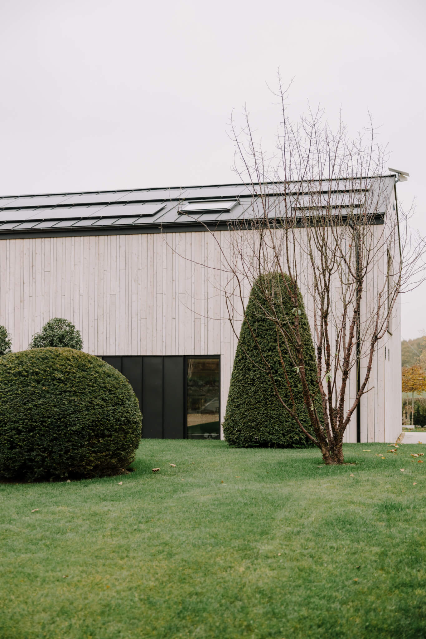 Close up of pale timber cladding situated in a green landscape