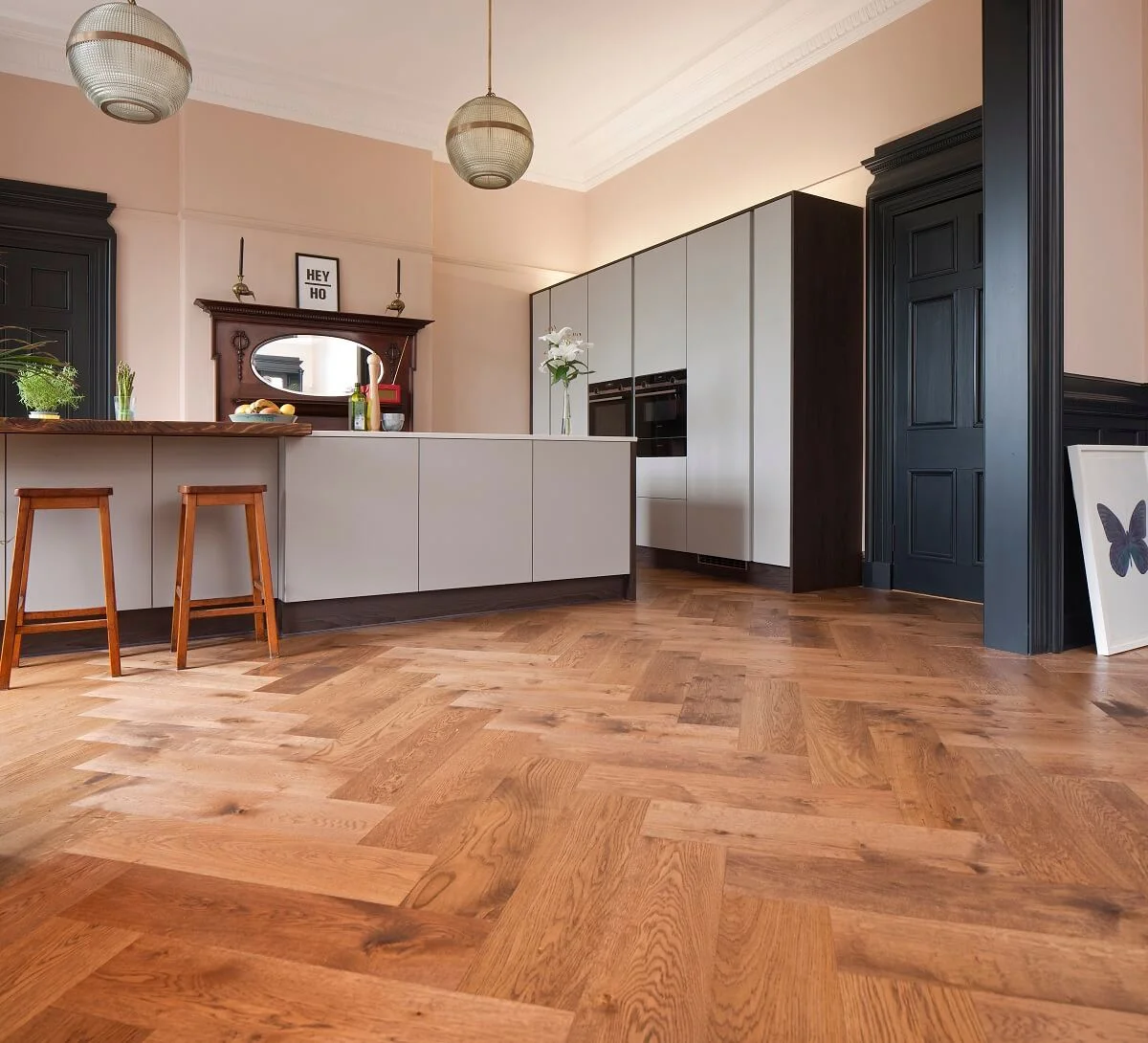 Russwood Authentic Antique European Oak Flooring in an open plan kitchen.