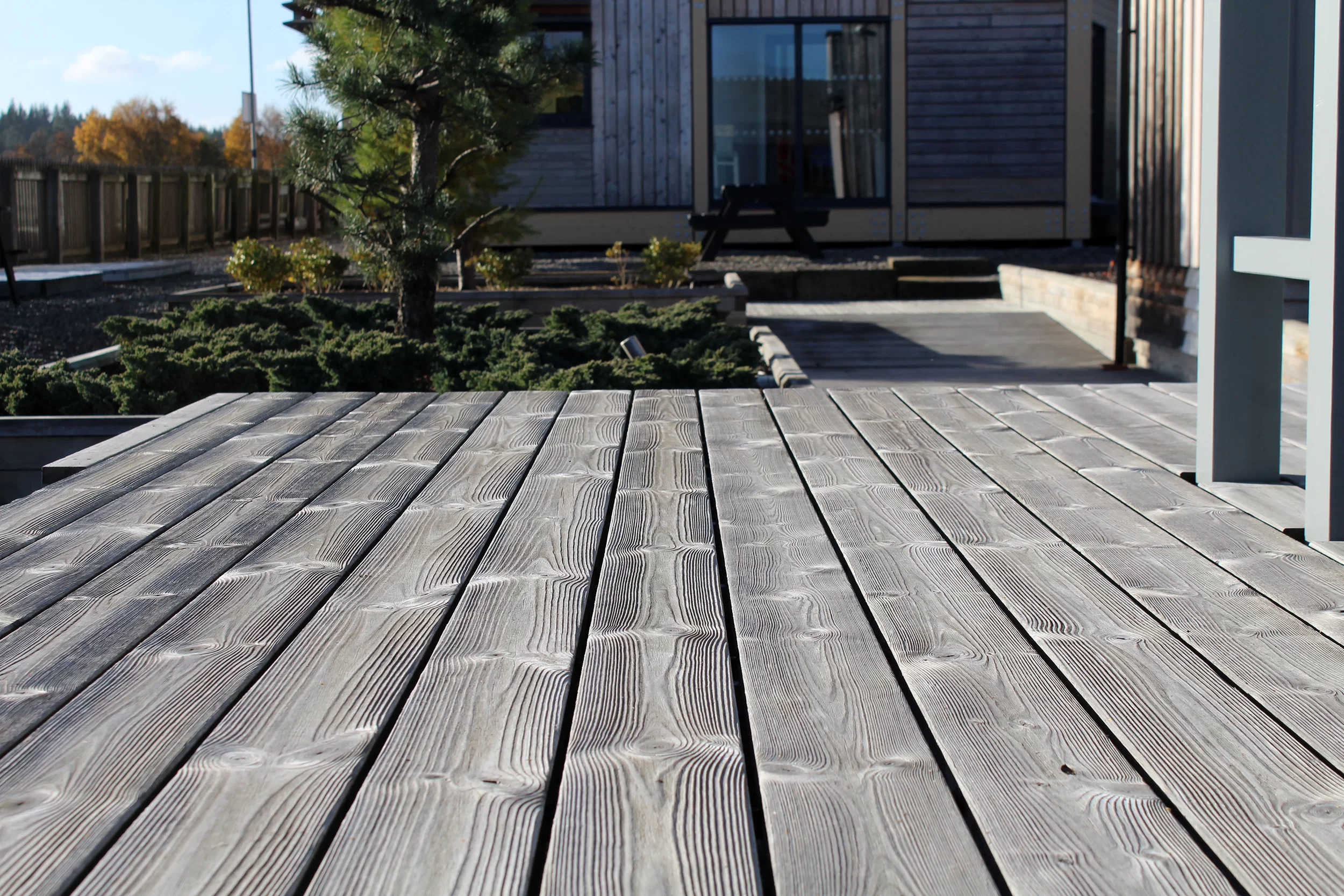 thermopine decking showing wire brushed effect