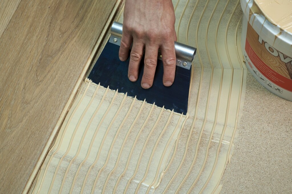 Wood flooring being installed using Tovcol MS Polymer Wood Floor Adhesive