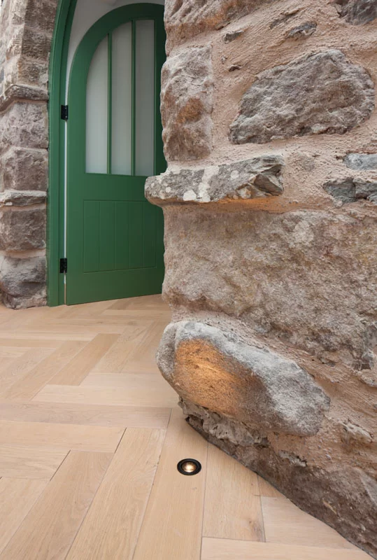Russwood European Oak Flooring in Pearl in a herringbone arrangement used in a project designed by Staran Architects.