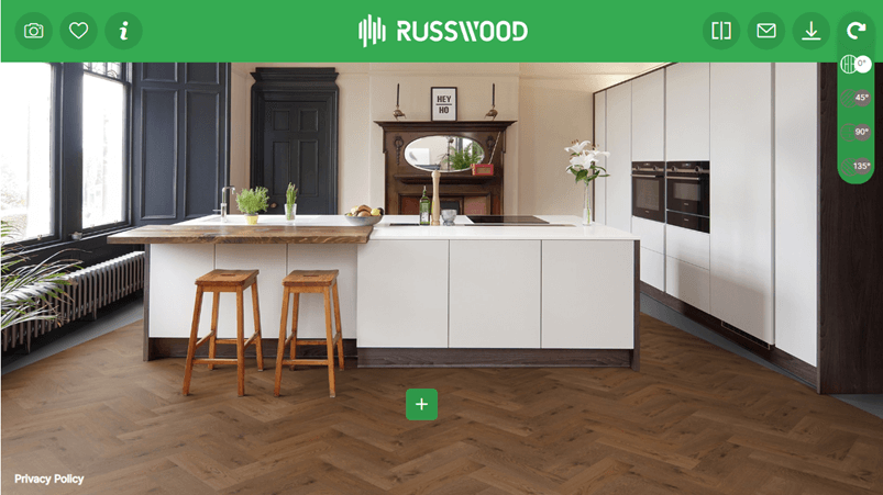 Russwood European Oak Flooring in Cask, laid in a Herringbone arrangement on our Floor Visualiser tool.