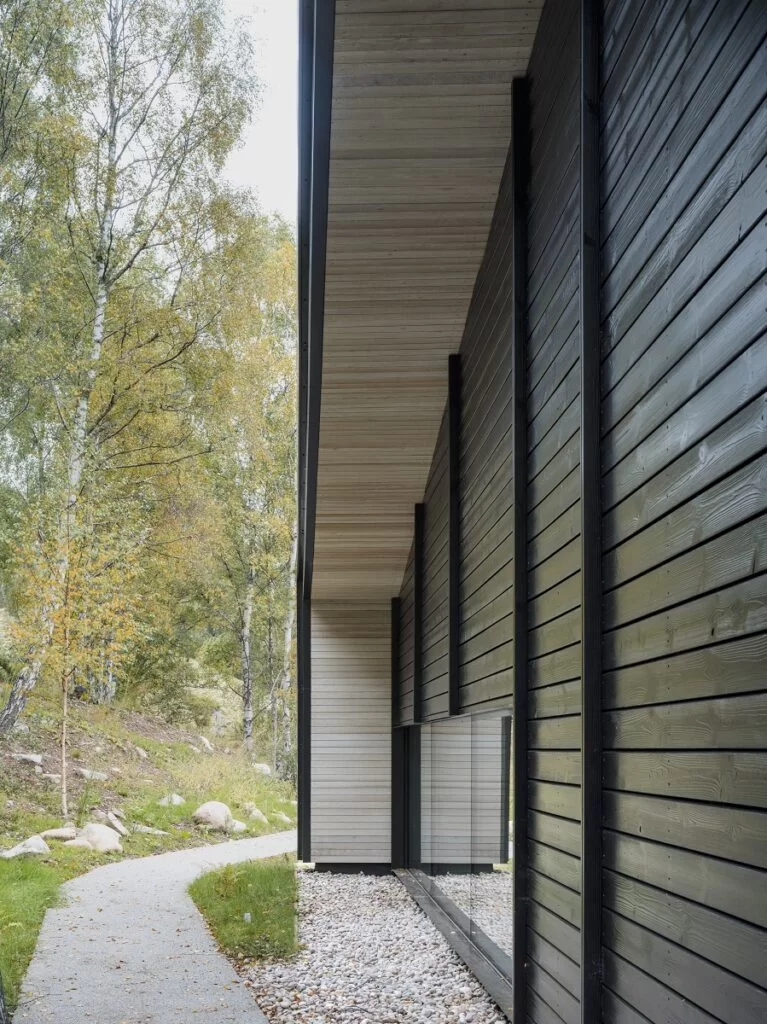 Moxon office clad with Brushed Thermopine® Cladding Factory Coated with RAL 9005 + soffits coated with SiOO:X Light Grey
