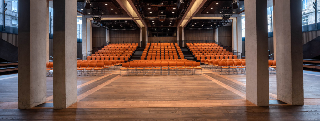 A lecture hall in The University of Edinburgh's Edinburgh Futures Institute building with Russwood European Oak Flooring in Cinder and Antique.