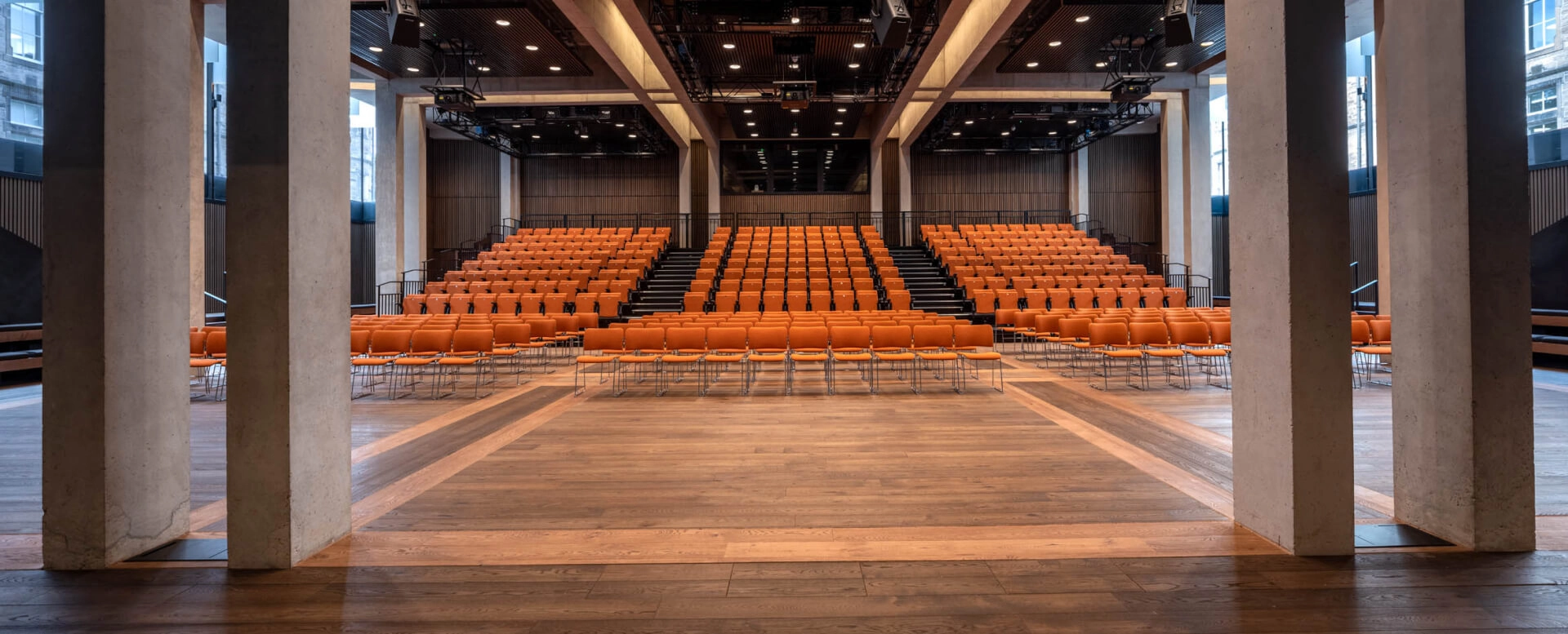 A lecture hall in The University of Edinburgh's Edinburgh Futures Institute building with Russwood European Oak Flooring in Cinder and Antique.