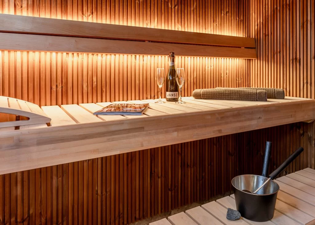 Sauna timber clad in Luna Trio from the Lunawood Collection in Pine Bank Chalets, Aviemore