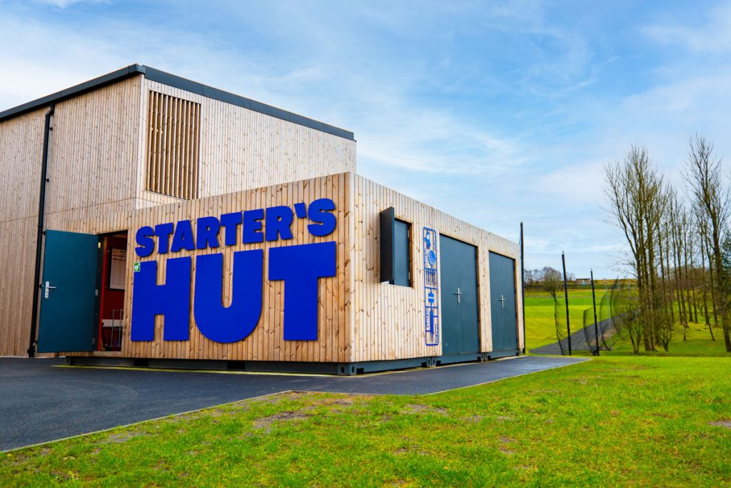 The rear end of the Letamhill Golf It! Centre building with timber and fire retardant.