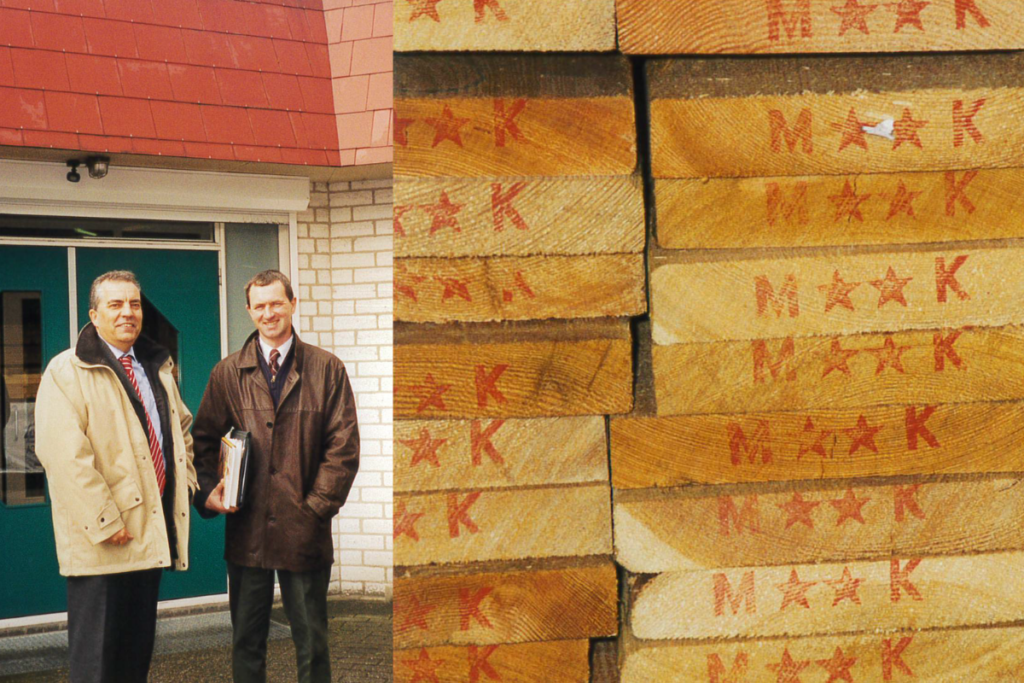 John Russell in 2001 with Harry Gras, 4th generation owner of Gras Timber in Zaandam, Netherlands.

