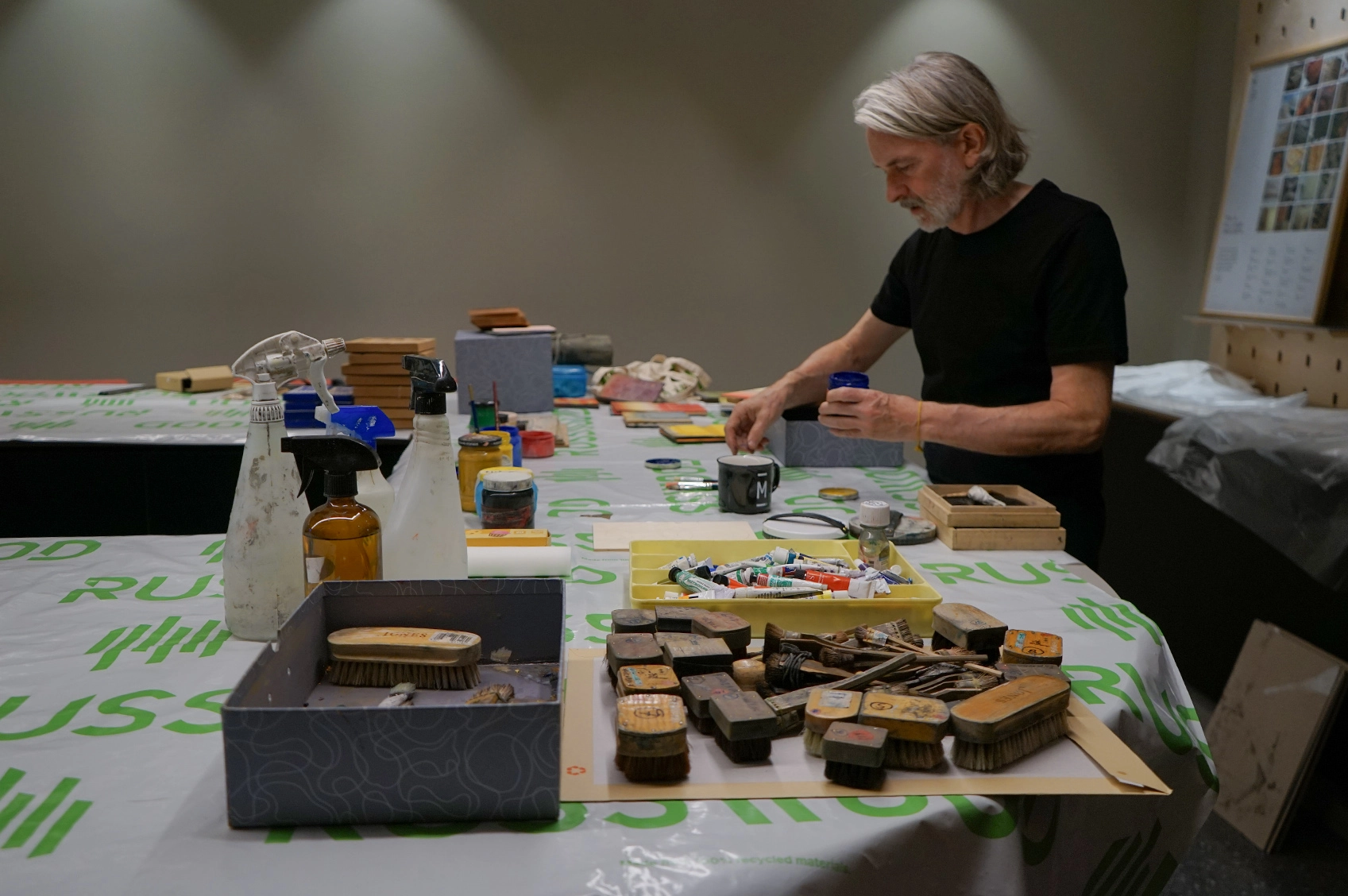 Paul Furneaux at Russwoods woodblock printing workshop setting up